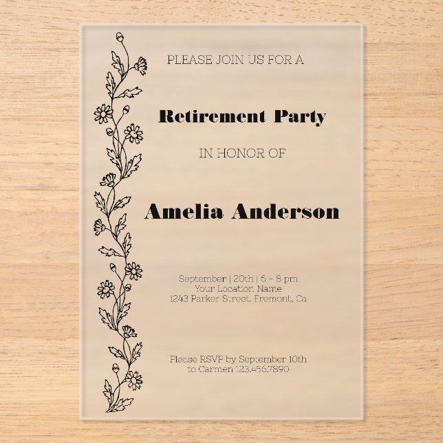 Invitaciones Acrílicas Moderna y elegante daisy de retiro negro (Anverso)