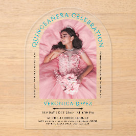 Invitaciones Acrílicas Moderna y elegante foto de Quinceanera azul turque