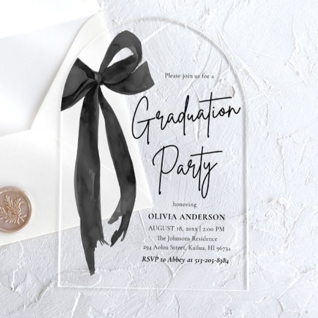 Invitaciones Acrílicas Moderna y elegante graduación de Black Bow (Modern Elegant Trendy Black Bow Graduation Arched Acrylic Invitation)
