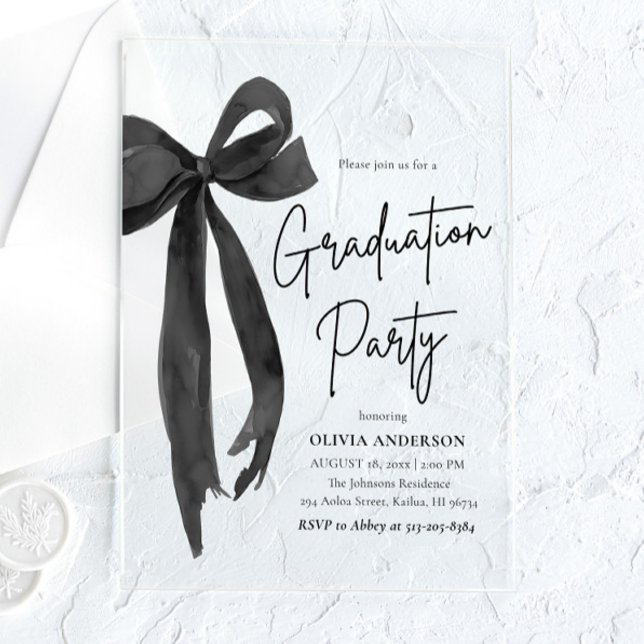 Invitaciones Acrílicas Moderna y elegante graduación de Black Bow (Modern Elegant Trendy Stylish Black Bow Graduation Acrylic Invitation)