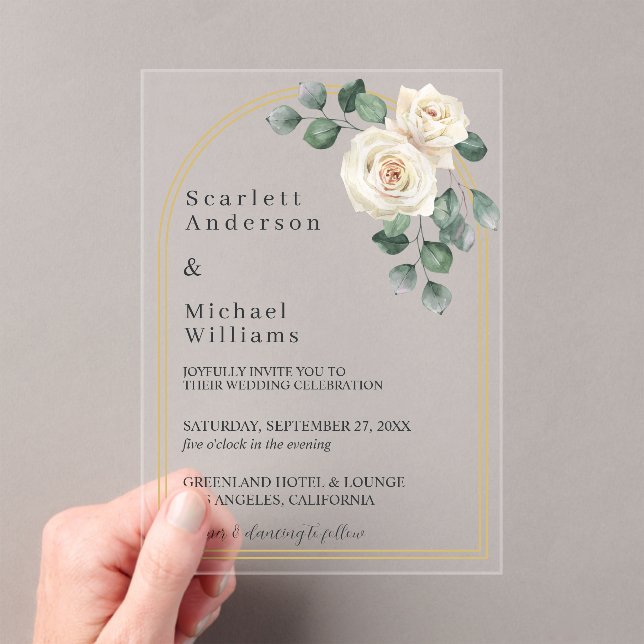 Invitaciones Acrílicas Moderna y elegante Rosa Blanca y Boda del Arco Dor (Insitu (portátil))
