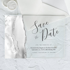 Invitaciones Acrílicas Moderno Agate de plata blanca gris salva la tarjet
