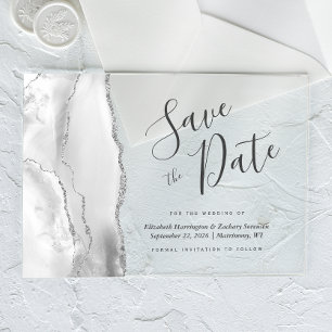 Invitaciones Acrílicas Moderno Agate de plata blanca gris salva la tarjet