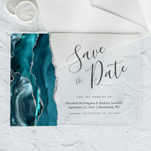 Invitaciones Acrílicas Moderno Agate Verde azulado de plata azul salva la