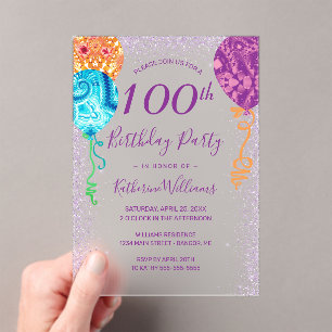 Invitaciones Acrílicas Moderno Aqua Purple Balón 100 cumpleaños
