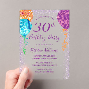 Invitaciones Acrílicas Moderno Aqua Purple Balón 30 cumpleaños Fiesta