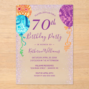 Invitaciones Acrílicas Moderno Aqua Purple Balón 70 cumpleaños