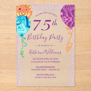 Invitaciones Acrílicas Moderno Aqua Purple Balon 75th Birthday Party