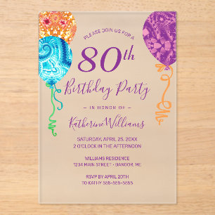 Invitaciones Acrílicas Moderno Aqua Purple Balón 80 cumpleaños
