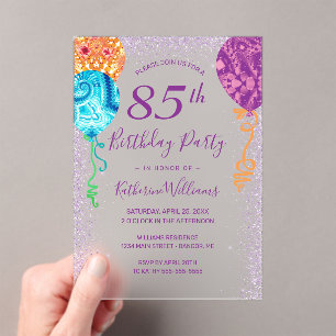 Invitaciones Acrílicas Moderno Aqua Purple Balon 85th Birthday Party