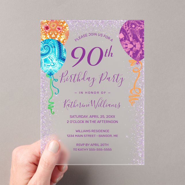 Invitaciones Acrílicas Moderno Aqua Purple Balón 90 cumpleaños (Insitu (portátil))