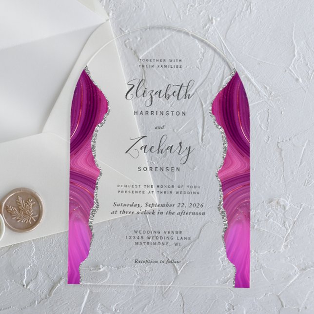 Invitaciones Acrílicas Moderno arco Boda de ácidos de plata magenta (Subido por el creador)