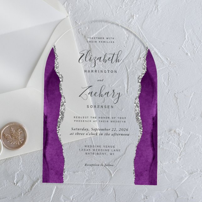 Invitaciones Acrílicas Moderno arco Boda de plata morada (Subido por el creador)