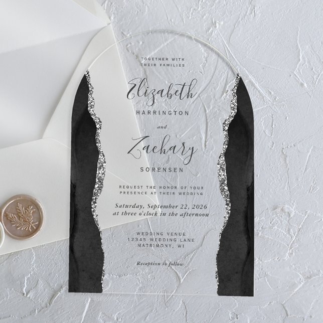 Invitaciones Acrílicas Moderno arco de Boda negro plateado agate (Subido por el creador)