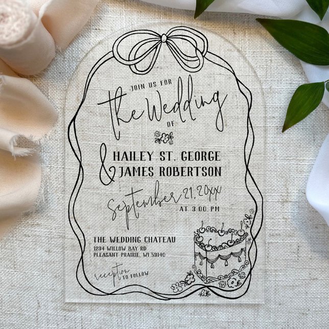 Invitaciones Acrílicas Moderno arco dibujado a mano boda retro NEGRO (Simple hand drawn retro bow and heart cake black and white hand written script arch acrylic wedding)