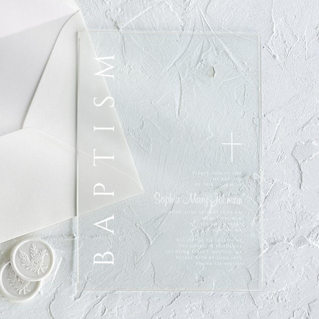 Invitaciones Acrílicas Moderno Baptismo Religioso Cruzado Blanco (Modern Elegant Religious Cross White Baptism Acrylic Invitations)
