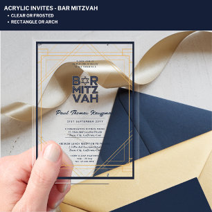 Invitaciones Acrílicas Moderno BAR Acrílico MITZVAH Marina Oro Moderno Tr