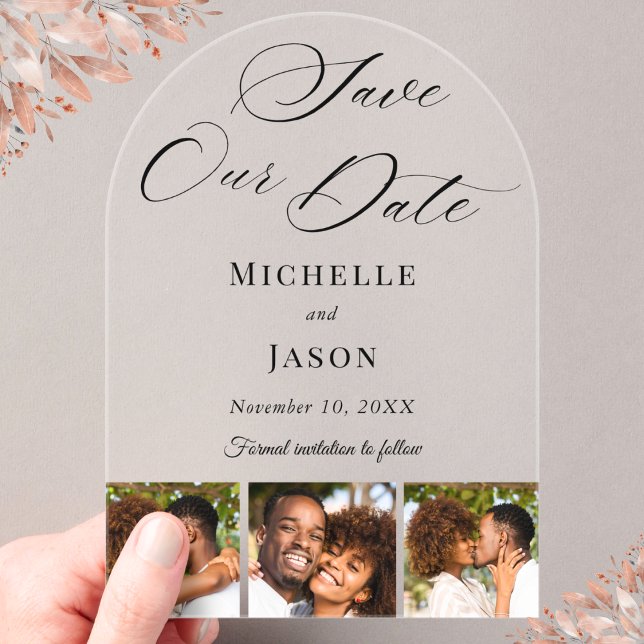 Invitaciones Acrílicas Moderno Black 3 Photo Strip Wedding Save the Date (Subido por el creador)