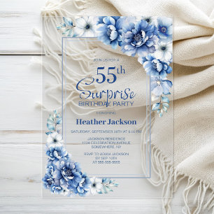 Invitaciones Acrílicas Moderno Blue Floral Surprise Fiesta de 55 Años