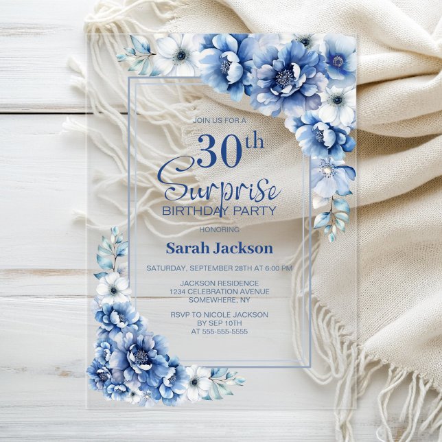 Invitaciones Acrílicas Moderno Blue Floral Surprise Fiesta de cumpleaños  (Subido por el creador)