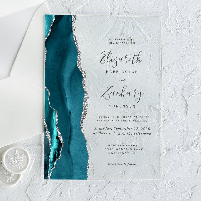 Invitaciones Acrílicas Moderno Boda de Agate de Plata Azul Verde azulado (Subido por el creador)