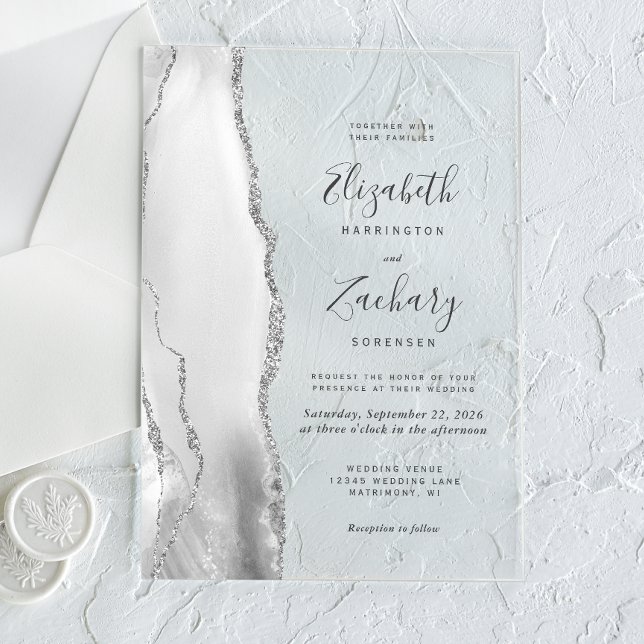 Invitaciones Acrílicas Moderno Boda de Agate de Plata Blanca Gris (Subido por el creador)
