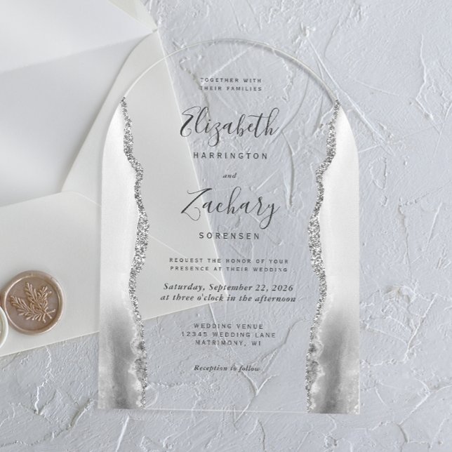 Invitaciones Acrílicas Moderno Boda de arco de ágata de plata blanca gris (Subido por el creador)