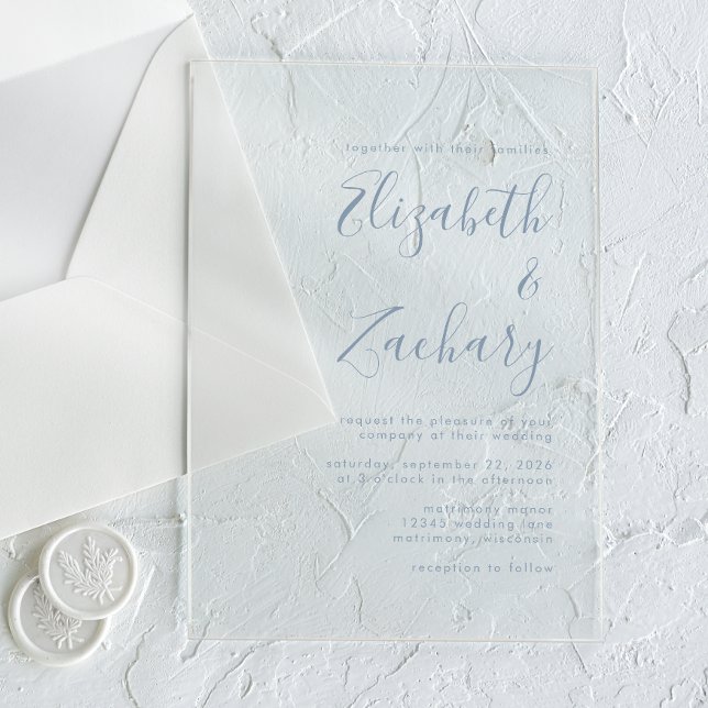 Invitaciones Acrílicas Moderno Boda de escritura azul turbulento mínimo (Subido por el creador)