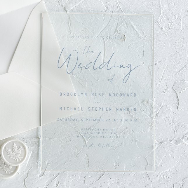 Invitaciones Acrílicas Moderno Boda de escritura azul turbulento mínimo (Subido por el creador)