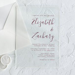 Invitaciones Acrílicas Moderno Boda de escritura mínima de Borgoña