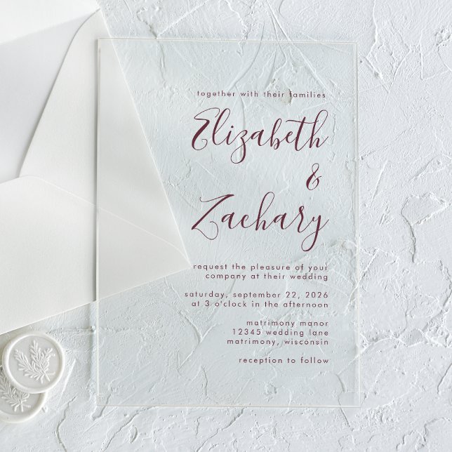 Invitaciones Acrílicas Moderno Boda de escritura mínima de Borgoña (Subido por el creador)