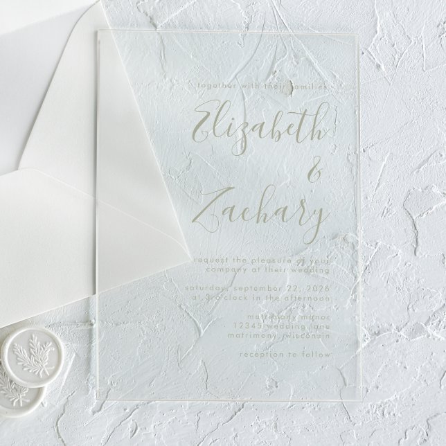 Invitaciones Acrílicas Moderno Boda de escritura verde de sabio mínimo (Subido por el creador)