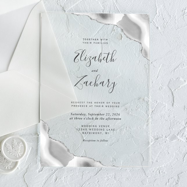 Invitaciones Acrílicas Moderno Boda de esquinas de amarre de plata gris (Subido por el creador)