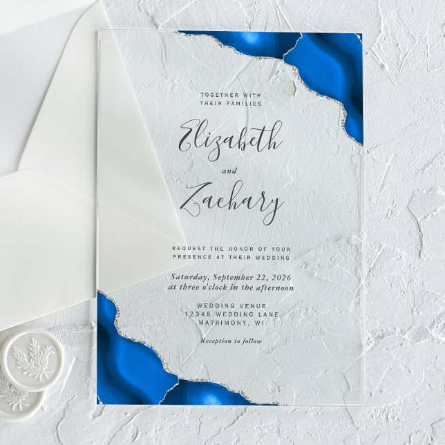 Invitaciones Acrílicas Moderno Boda de los rincones de la plata azul real (Subido por el creador)