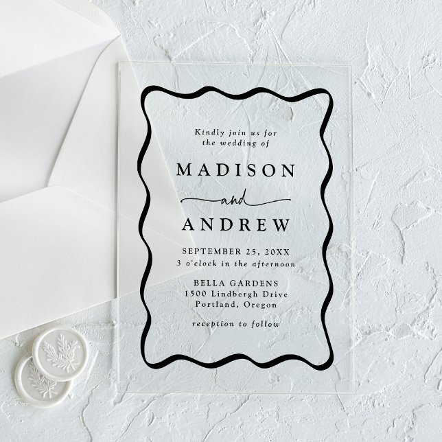 Invitaciones Acrílicas Moderno Boda de marco ondulado negro (Subido por el creador)