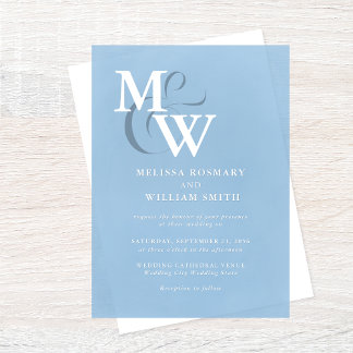 Invitaciones Acrílicas Moderno Boda de monograma de vidrio azul turbio