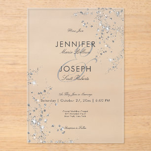 Invitaciones Acrílicas Moderno Boda Mínimo Gris y Diamantes de Glam Blanc