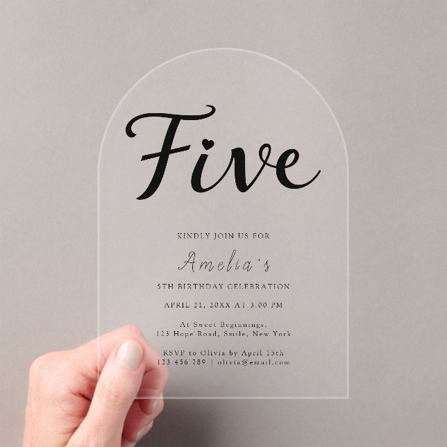 Invitaciones Acrílicas Moderno Boho Black Script Simple 5º cumpleaños (Insitu (portátil))