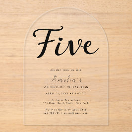 Invitaciones Acrílicas Moderno Boho Black Script Simple 5º cumpleaños