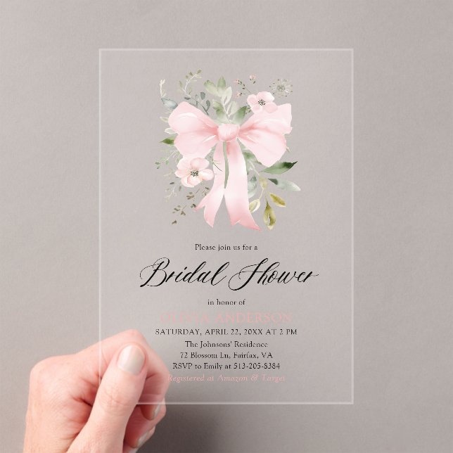 Invitaciones Acrílicas Moderno Bow Rosa Coquette Floral Bridal Ducha (Insitu (portátil))