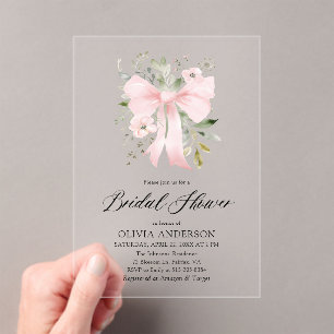 Invitaciones Acrílicas Moderno Bow Rosa Coquette Floral Bridal Ducha