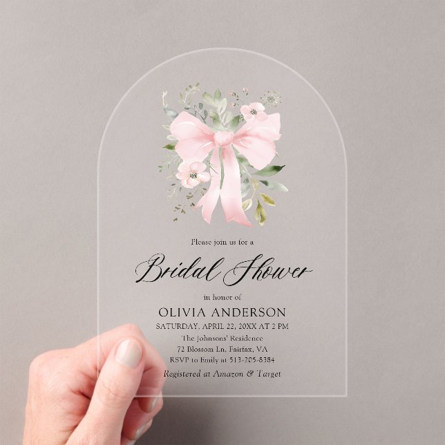 Invitaciones Acrílicas Moderno Bow Rosa Coquette Floral Bridal Ducha (Insitu (portátil))