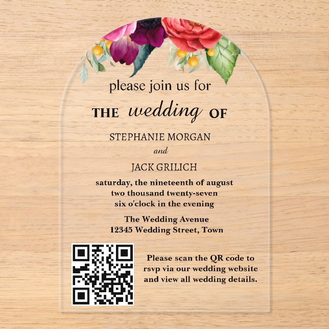 Invitaciones Acrílicas Moderno Código QR Floral Elegante Presupuesto Boda (Anverso)