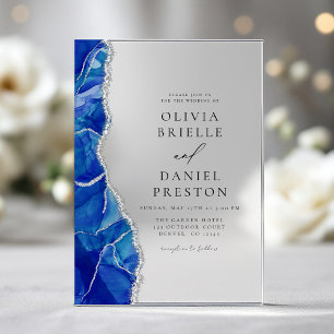 Invitaciones Acrílicas Moderno Elegante Azul Real Plata Agata Boda 
