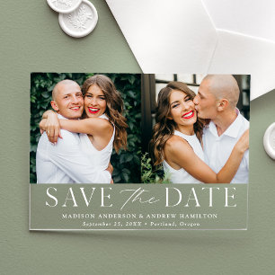 Invitaciones Acrílicas Moderno Elegante Blanco 2 Fotos Save the Date