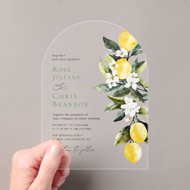 Invitaciones Acrílicas Moderno Greenery Lemon Floral Wedding (Insitu (portátil))