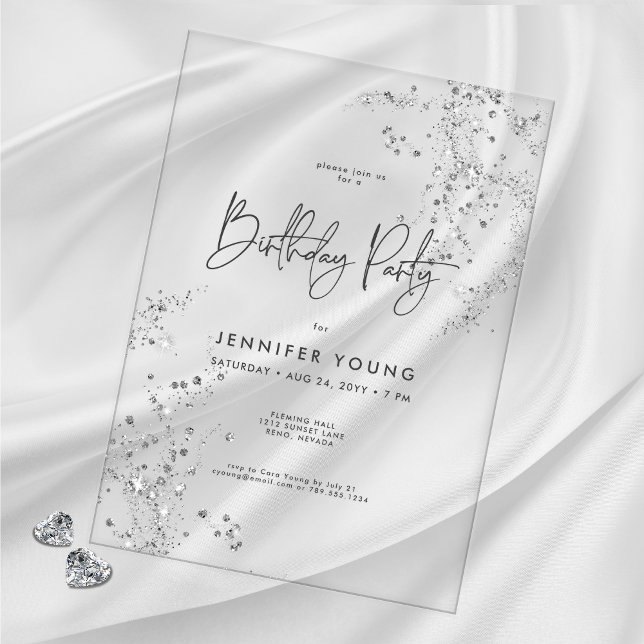Invitaciones Acrílicas Moderno Mínimo Blanco Glam Diamantes Cumpleaños (Subido por el creador)
