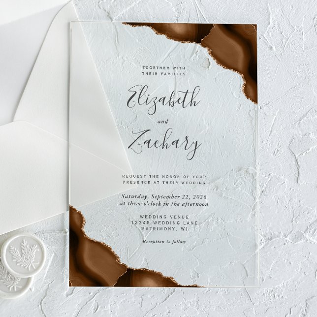 Invitaciones Acrílicas Moderno Mocha Brown Gold Agate Corners Boda (Subido por el creador)