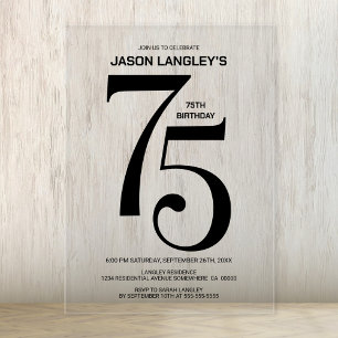 Invitaciones Acrílicas Moderno negrita Black Text 75th Birthday Party