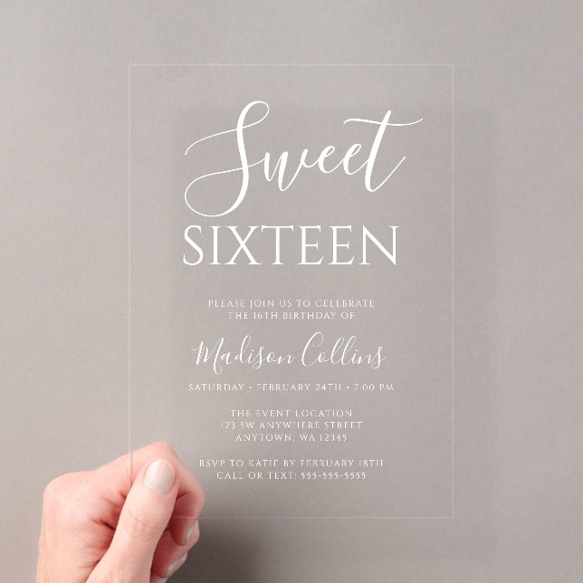 Invitaciones Acrílicas Moderno Script Elegante Cumpleaños 16 (Insitu (portátil))